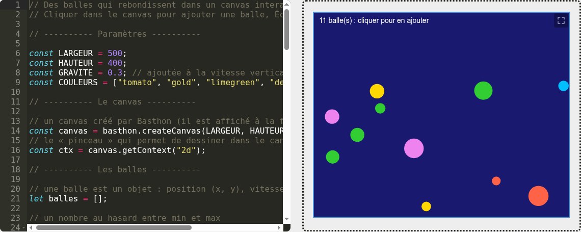 Des balles rebondissantes dans un canvas interactif